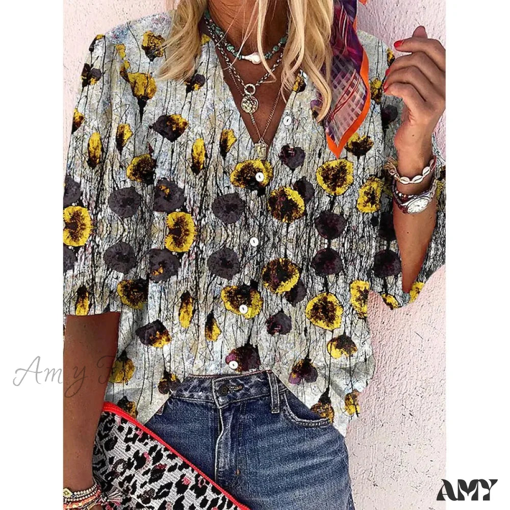 Amy Fashion - Elegant Loose Abstraction Print Shirt 7 / S