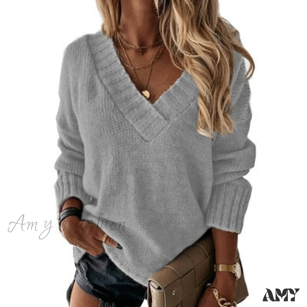 Amy Fashion - Elegant Loose Thick Long Sleeve Female Sweaters Grey / S