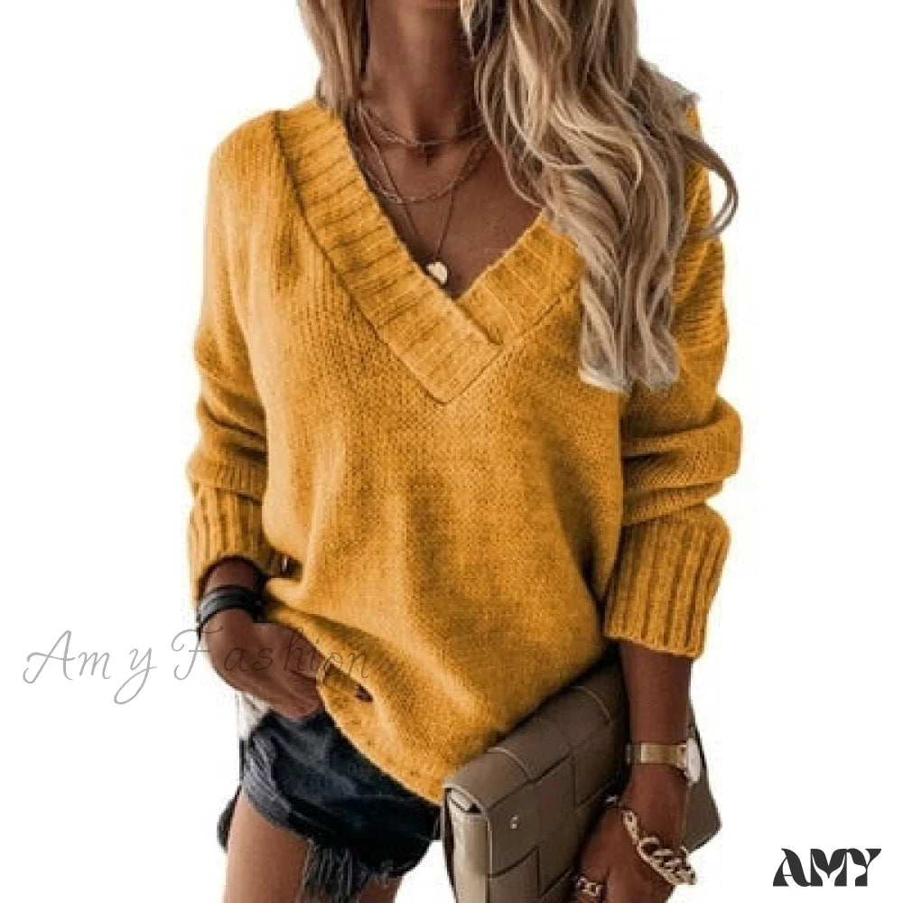 Amy Fashion - Elegant Loose Thick Long Sleeve Female Sweaters Yellow / S