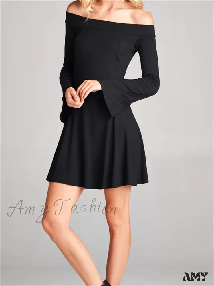 Amy Fashion - Elegant Off Shoulder Solid Color Long Sleeve Party Mini Dress