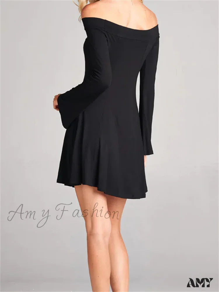 Amy Fashion - Elegant Off Shoulder Solid Color Long Sleeve Party Mini Dress