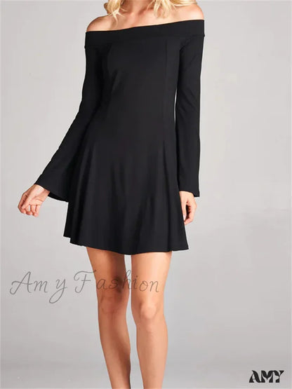 Amy Fashion - Elegant Off Shoulder Solid Color Long Sleeve Party Mini Dress