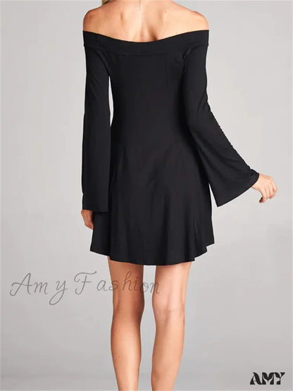 Amy Fashion - Elegant Off Shoulder Solid Color Long Sleeve Party Mini Dress