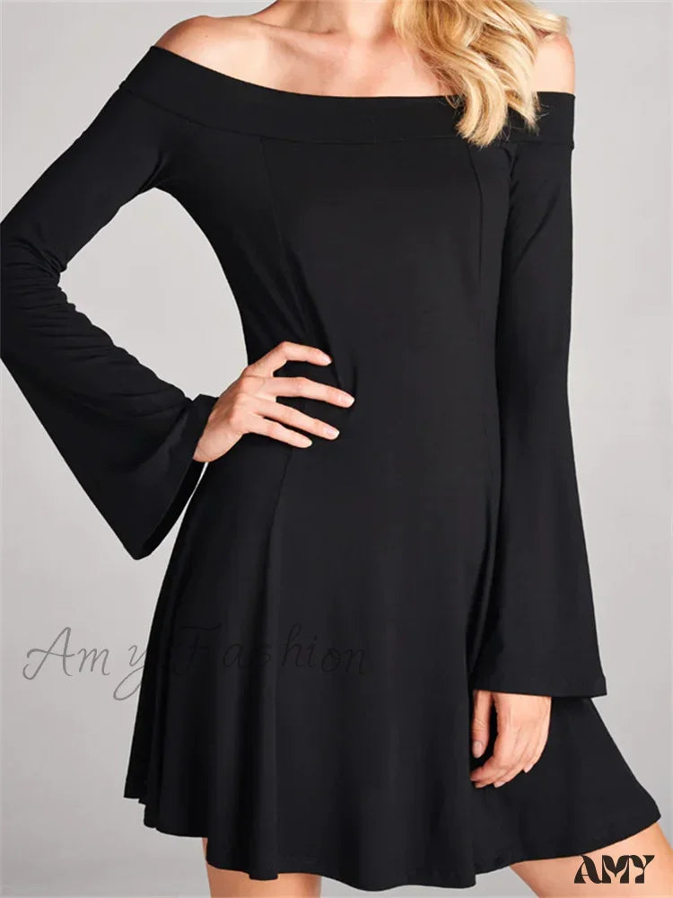 Amy Fashion - Elegant Off Shoulder Solid Color Long Sleeve Party Mini Dress Black / S