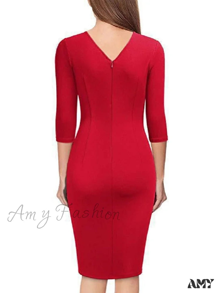Amy Fashion - Elegant Office Formal Long Sleeves V-Tie Belt Slim Dress