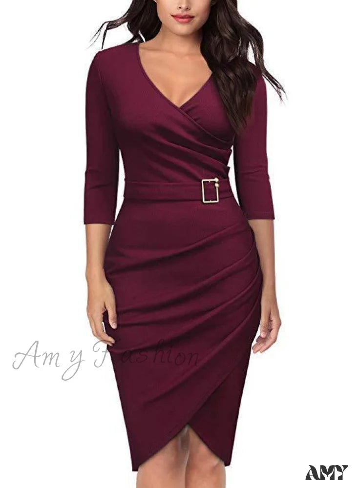 Amy Fashion - Elegant Office Formal Long Sleeves V-Tie Belt Slim Dress 5 / S