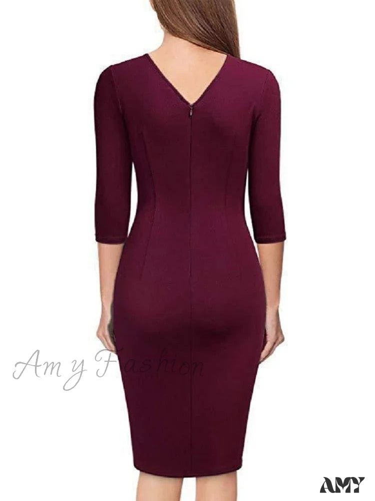 Amy Fashion - Elegant Office Formal Long Sleeves V-Tie Belt Slim Dress