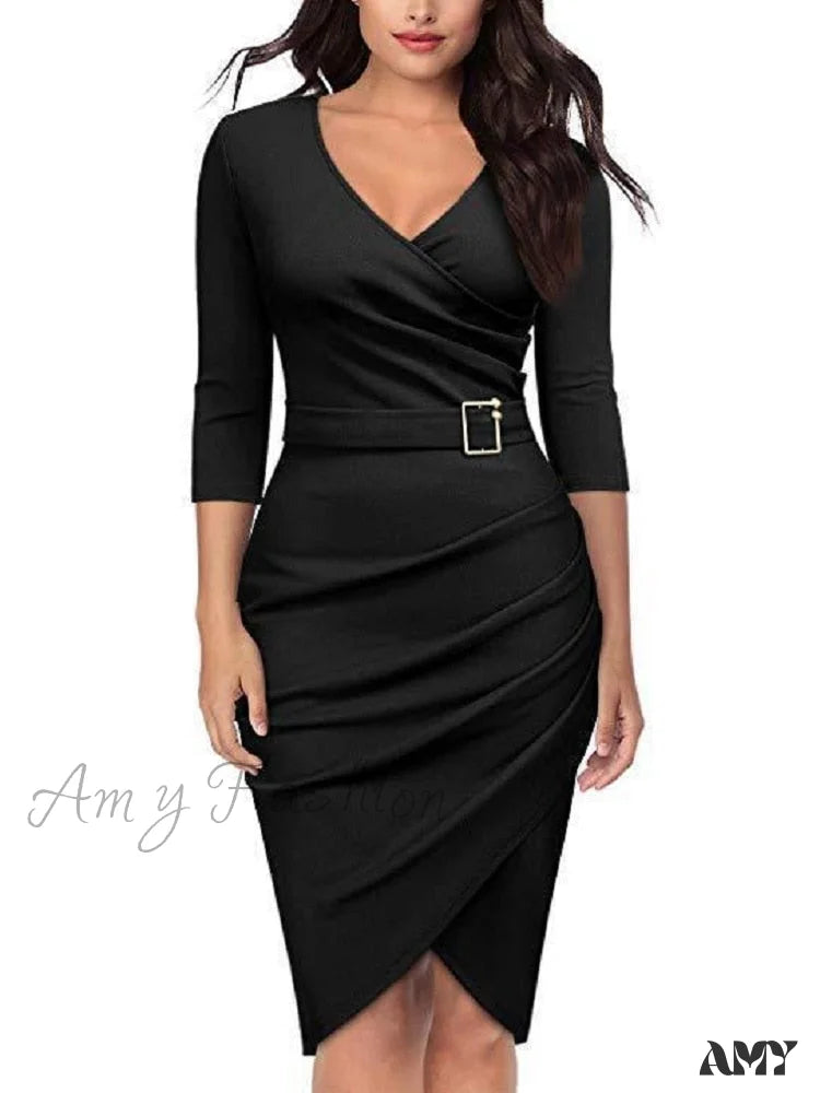 Amy Fashion - Elegant Office Formal Long Sleeves V-Tie Belt Slim Dress