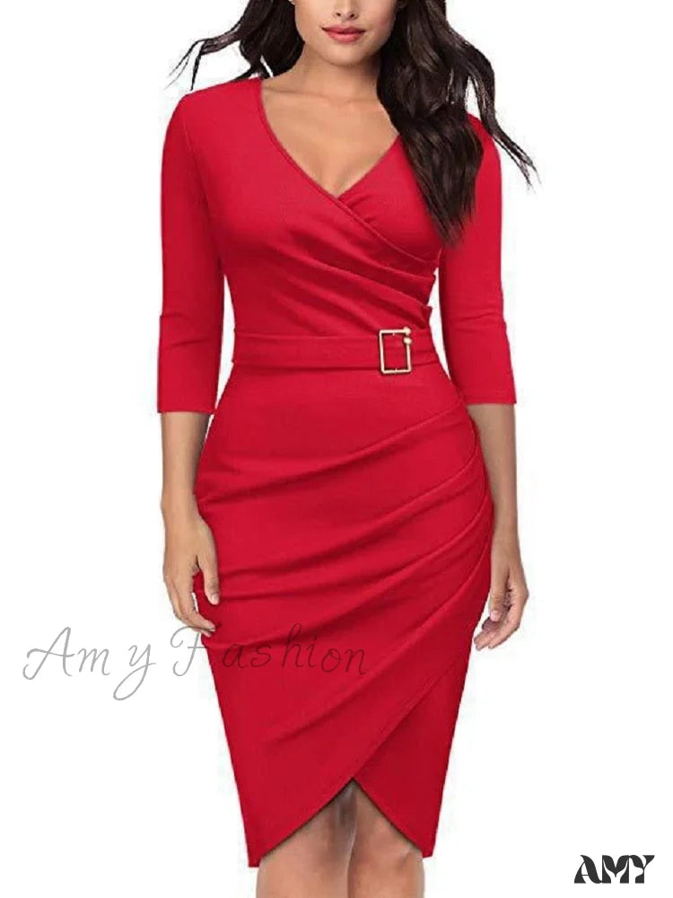 Amy Fashion - Elegant Office Formal Long Sleeves V-Tie Belt Slim Dress