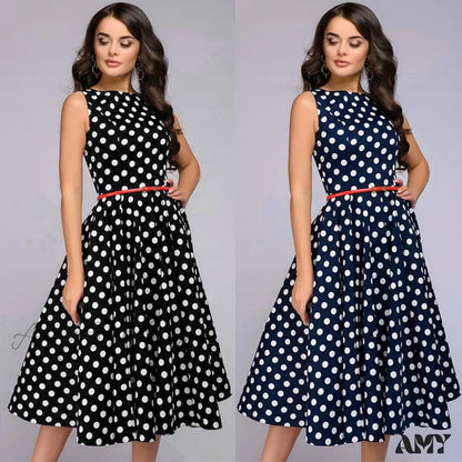 Amy Fashion - Elegant Polka Dot Print Flared Sleeveless Dress