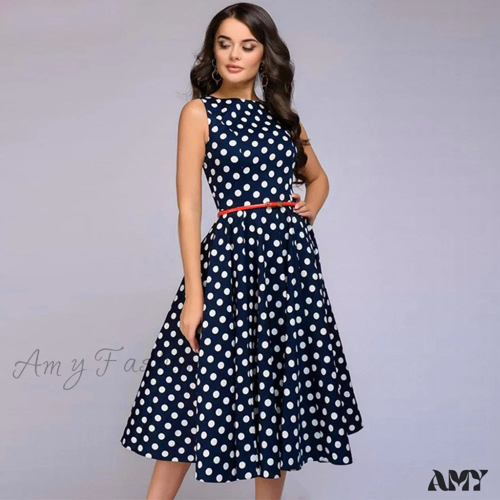 Amy Fashion - Elegant Polka Dot Print Flared Sleeveless Dress