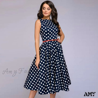 Amy Fashion - Elegant Polka Dot Print Flared Sleeveless Dress