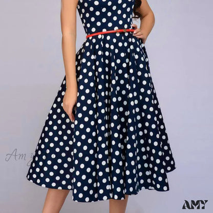 Amy Fashion - Elegant Polka Dot Print Flared Sleeveless Dress