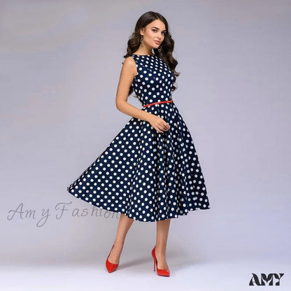 Amy Fashion - Elegant Polka Dot Print Flared Sleeveless Dress