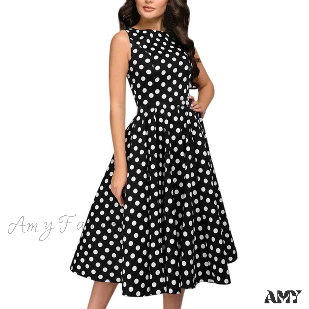 Amy Fashion - Elegant Polka Dot Print Flared Sleeveless Dress Black / S