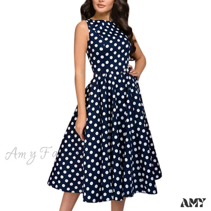 Amy Fashion - Elegant Polka Dot Print Flared Sleeveless Dress Blue / S