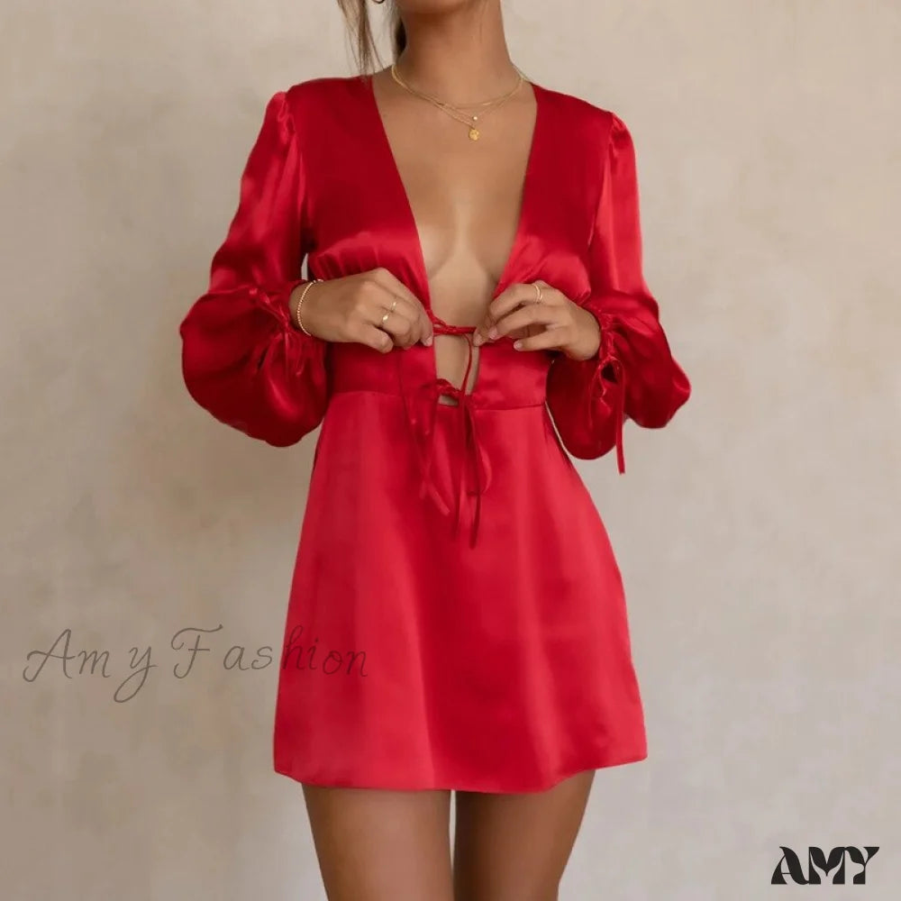 Amy Fashion - Elegant Puff Long Sleeve Slim Dresses Red / S