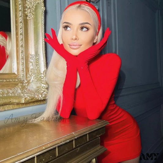 Amy Fashion - Elegant Red Long Sleeve Gloves Christmas Bodycon Dresses