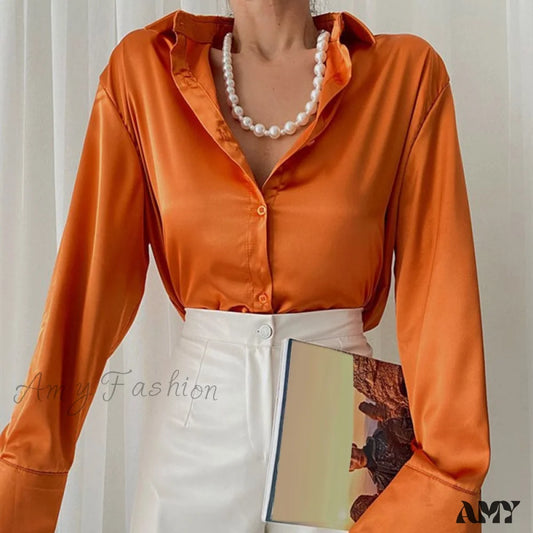 Amy Fashion - Elegant Satin Long Sleeve Blouses