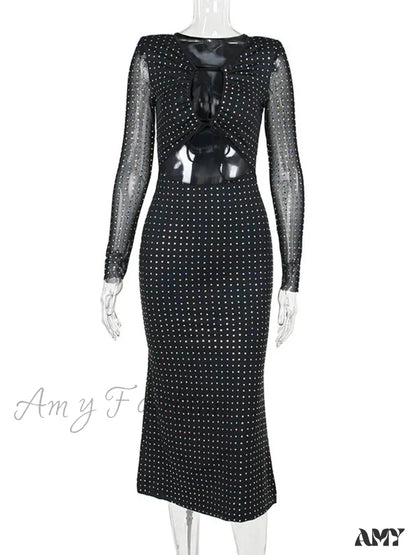 Amy Fashion - Elegant Sequin Sparkle Hollow Out Sexy Boho Dress Black / S