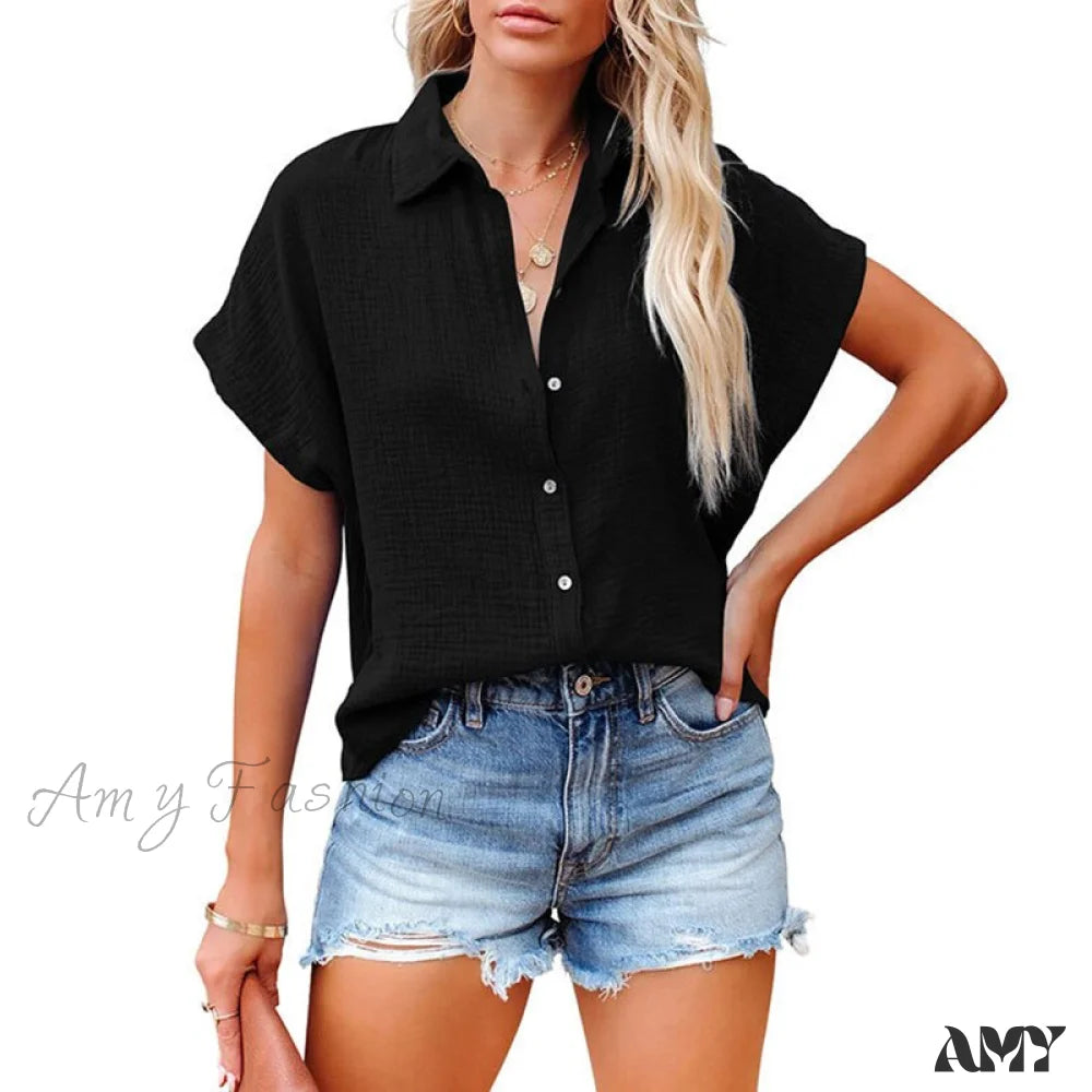 Amy Fashion - Elegant Short Sleeve Cotton Linen Batwing Blouses Black / S