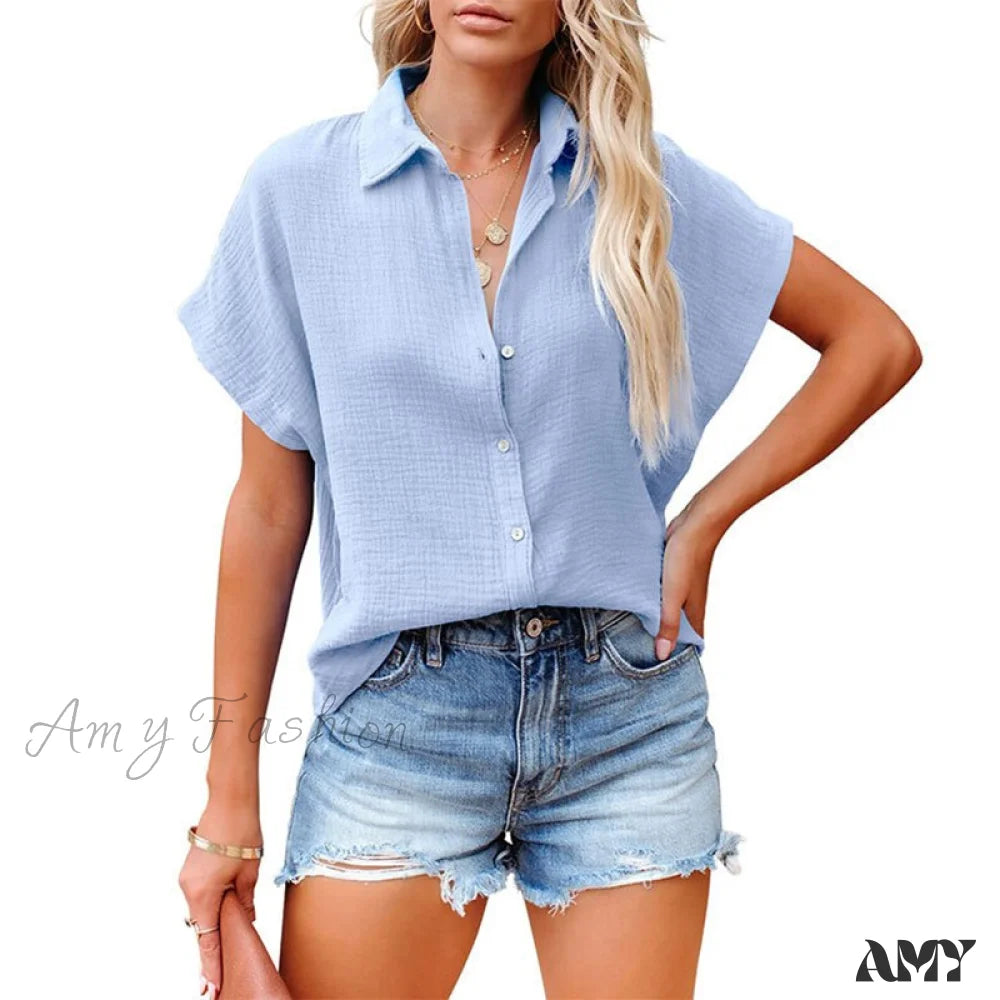 Amy Fashion - Elegant Short Sleeve Cotton Linen Batwing Blouses Blue / S