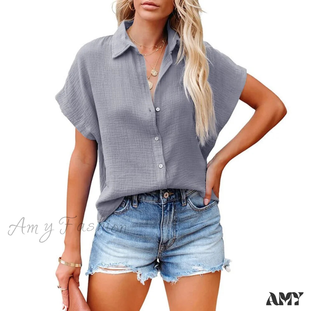 Amy Fashion - Elegant Short Sleeve Cotton Linen Batwing Blouses Gray / S