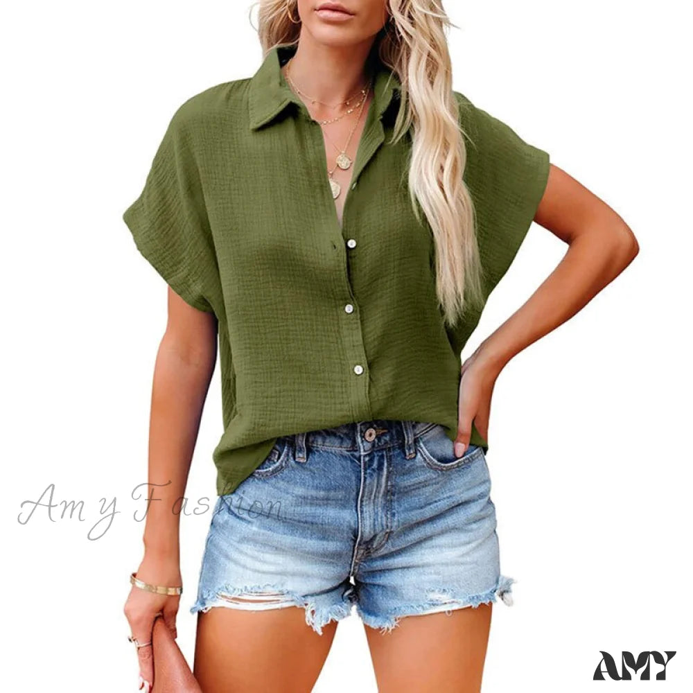 Amy Fashion - Elegant Short Sleeve Cotton Linen Batwing Blouses Green / S