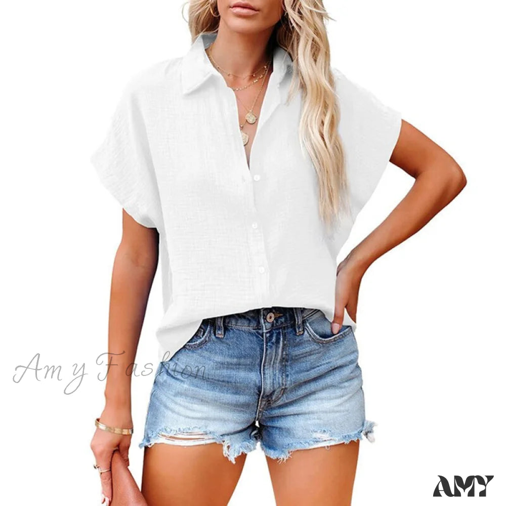 Amy Fashion - Elegant Short Sleeve Cotton Linen Batwing Blouses White / S