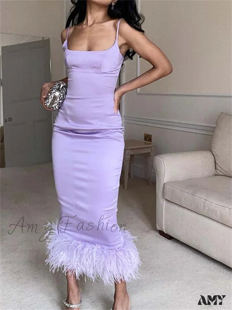 Amy Fashion - Elegant Sleeveless Strap Summer Party Clubwear Sexy Women Aquare Neck Feather