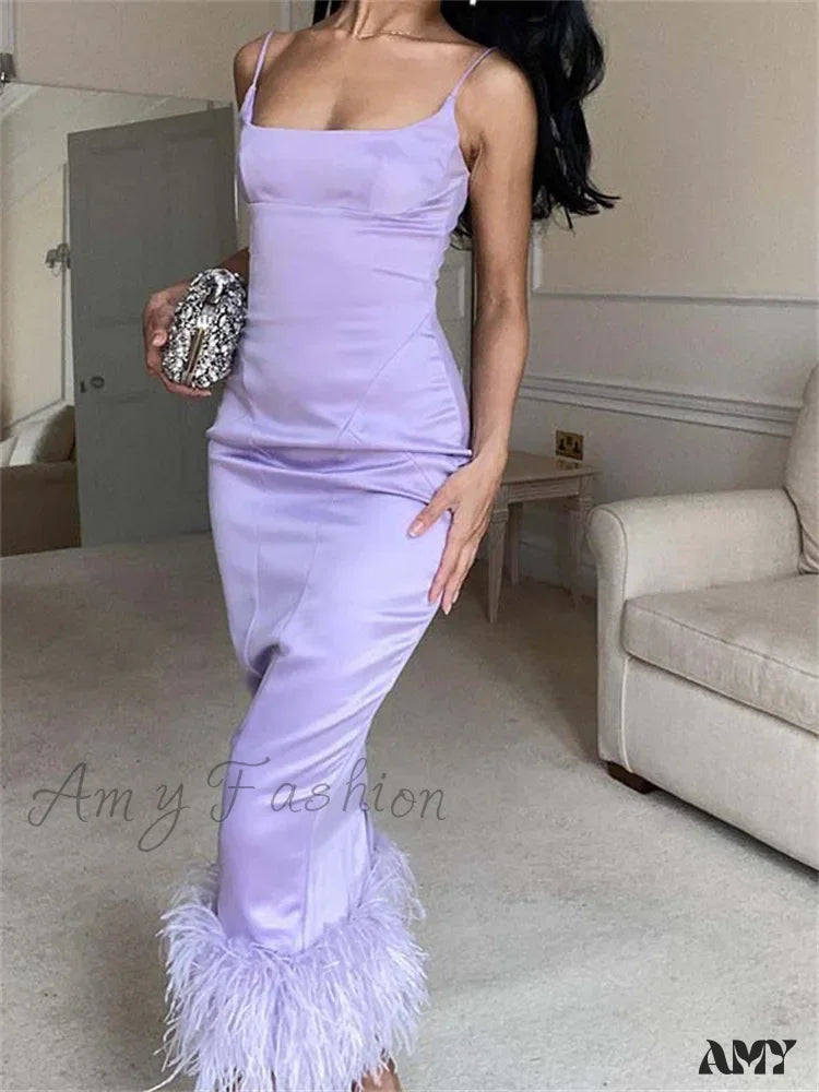 Amy Fashion - Elegant Sleeveless Strap Summer Party Clubwear Sexy Women Aquare Neck Feather