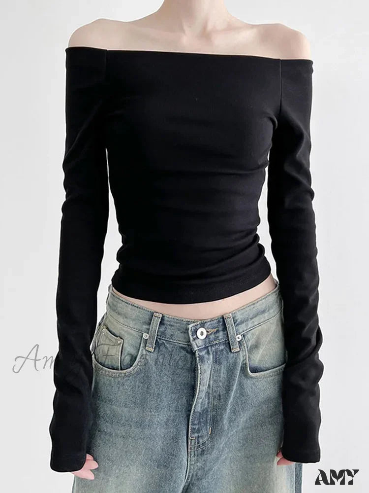 Amy Fashion - Elegant Slim Sexy Cropped Black Long Sleeve Korean Fall Crop Top