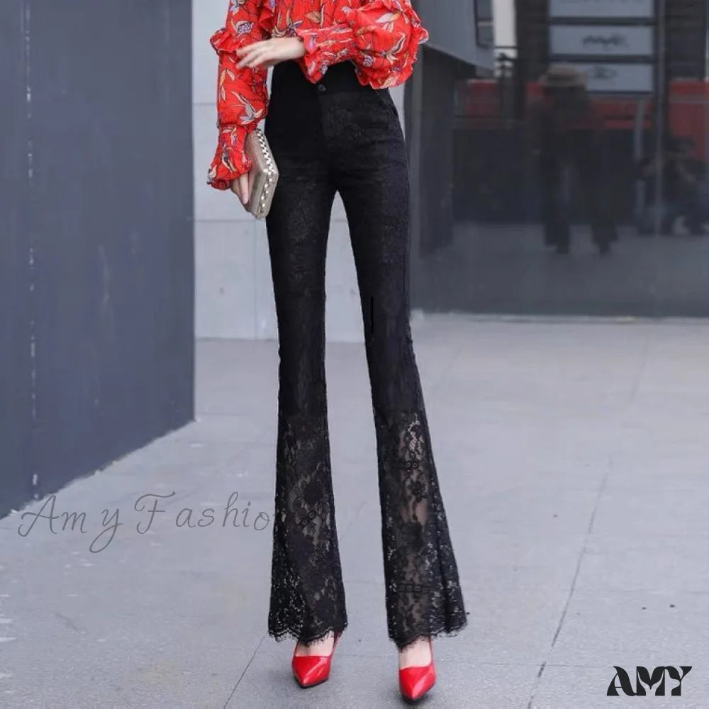 Amy Fashion - Elegant Vintage Lace Hollow Out Flare Pants Black / S