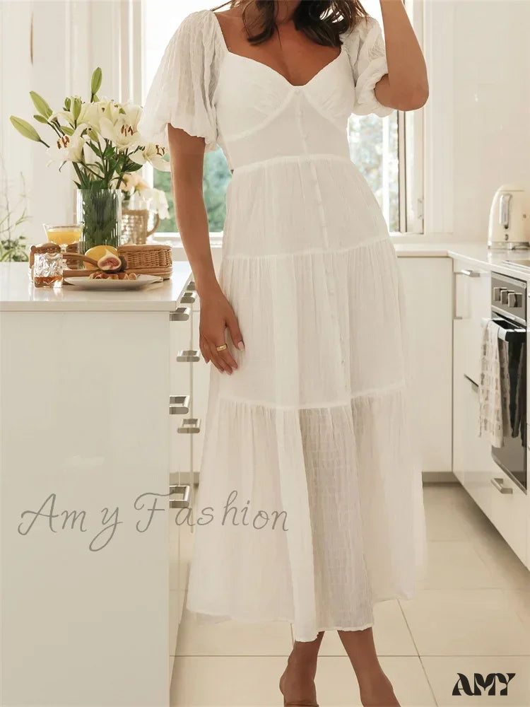 Amy Fashion - Elegant Women A-Line Short Puff Sleeve V Neck Back Tie-Up Knotted Summer Party Female