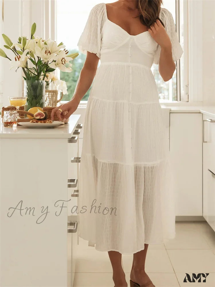 Amy Fashion - Elegant Women A-Line Short Puff Sleeve V Neck Back Tie-Up Knotted Summer Party Female