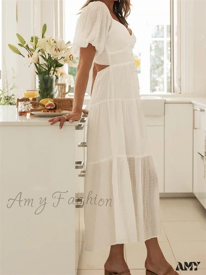 Amy Fashion - Elegant Women A-Line Short Puff Sleeve V Neck Back Tie-Up Knotted Summer Party Female