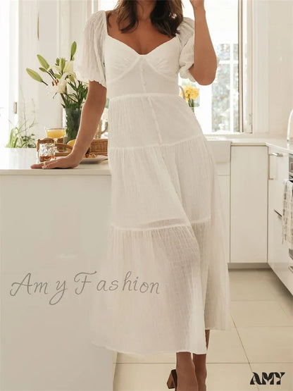 Amy Fashion - Elegant Women A-Line Short Puff Sleeve V Neck Back Tie-Up Knotted Summer Party Female