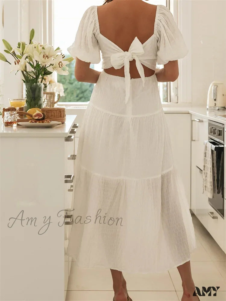 Amy Fashion - Elegant Women A-Line Short Puff Sleeve V Neck Back Tie-Up Knotted Summer Party Female