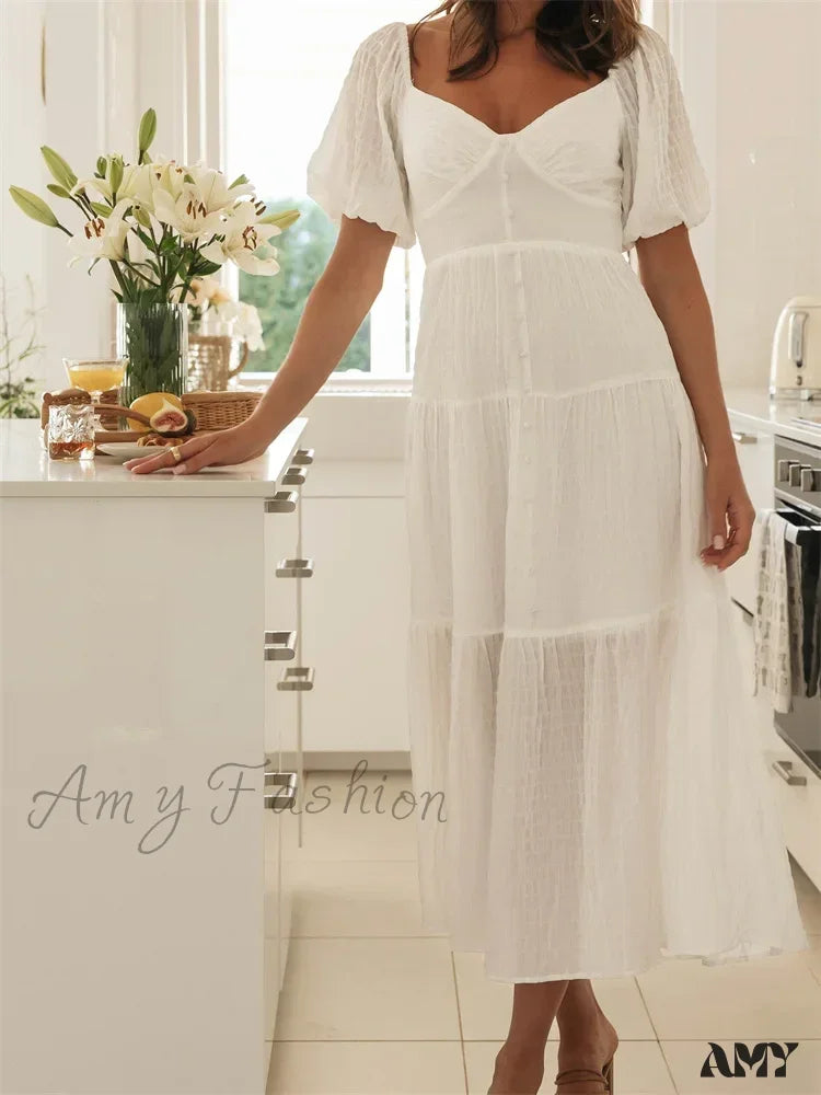 Amy Fashion - Elegant Women A-Line Short Puff Sleeve V Neck Back Tie-Up Knotted Summer Party Female