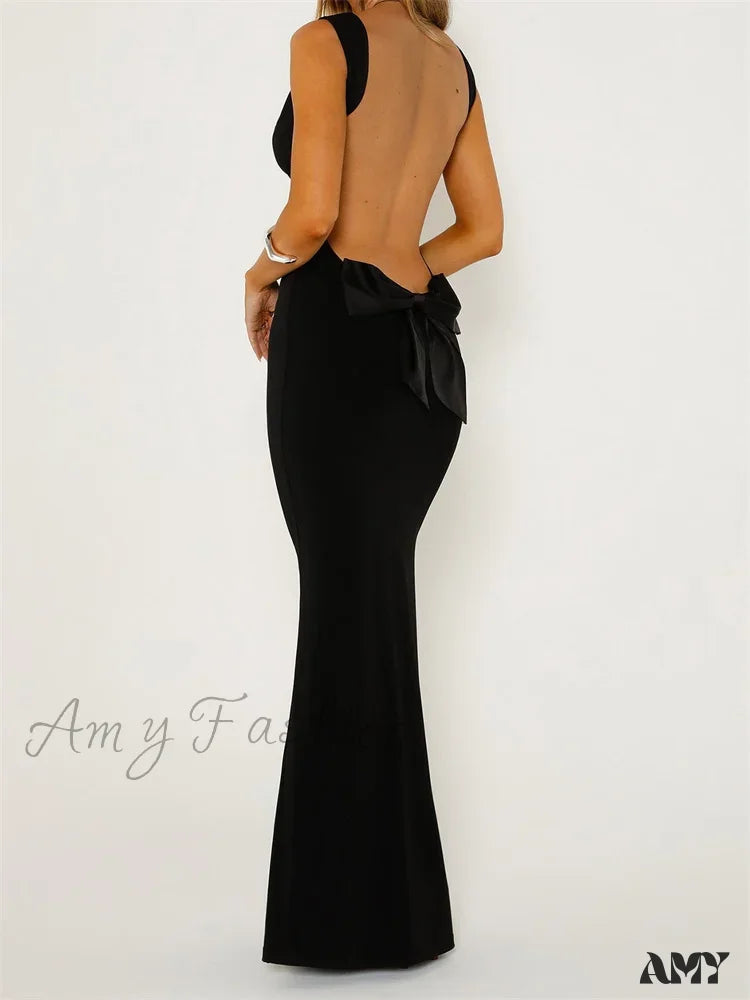 Amy Fashion - Elegant Women Bow Patchwork Sleeveless V-Neck Low Cut Backless Solid Cocktail Party