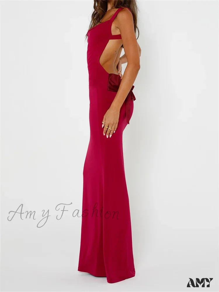 Amy Fashion - Elegant Women Bow Patchwork Sleeveless V-Neck Low Cut Backless Solid Cocktail Party