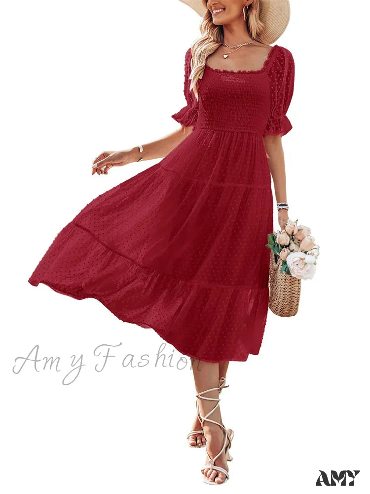 Amy Fashion - Elegant Women Chiffon Summer Mesh Short Puff Sleeve Square Neck Dot Pattern Stretch