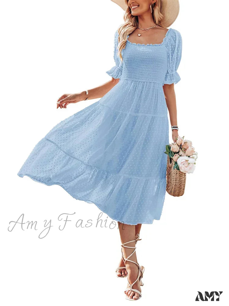 Amy Fashion - Elegant Women Chiffon Summer Mesh Short Puff Sleeve Square Neck Dot Pattern Stretch