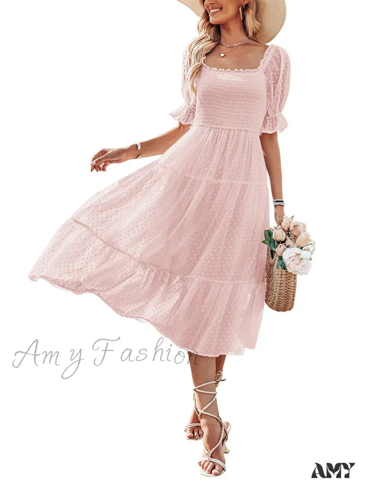 Amy Fashion - Elegant Women Chiffon Summer Mesh Short Puff Sleeve Square Neck Dot Pattern Stretch