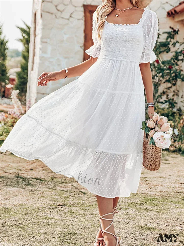 Amy Fashion - Elegant Women Chiffon Summer Mesh Short Puff Sleeve Square Neck Dot Pattern Stretch