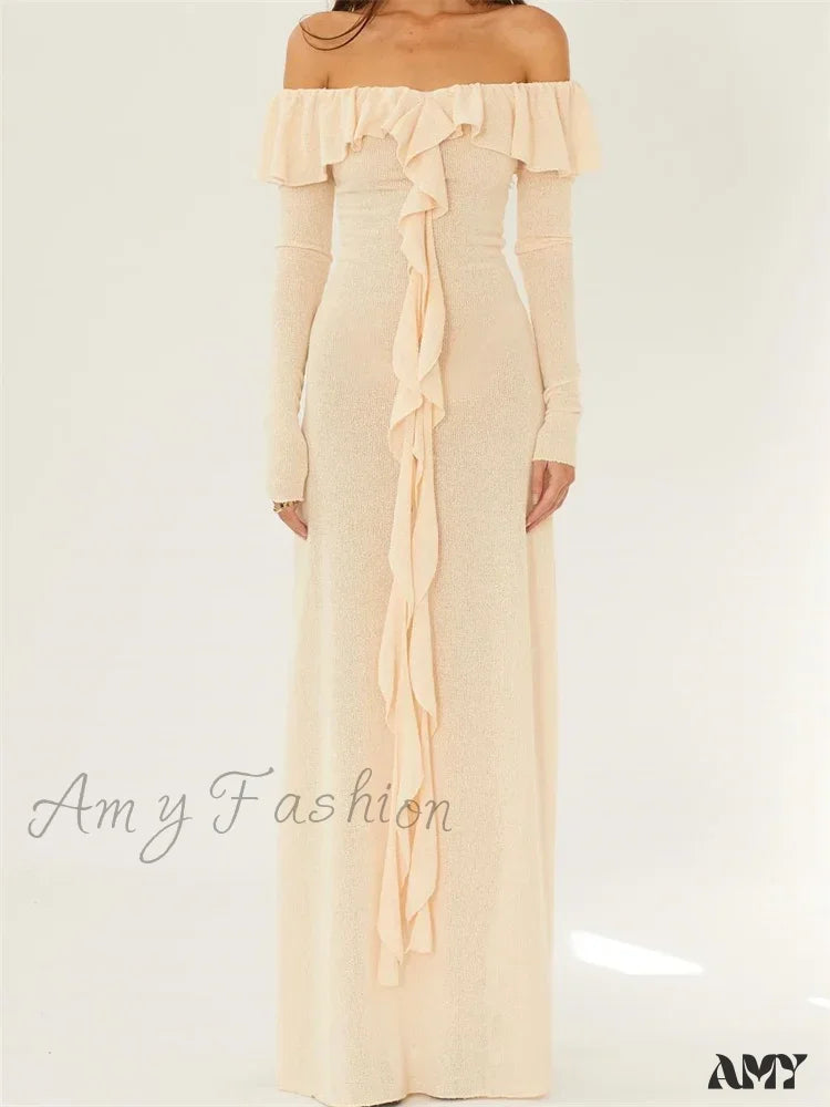 Amy Fashion - Elegant Women Knitted Evening Solid Sleeve Slash Neck Off Shoulder Ruffles Party