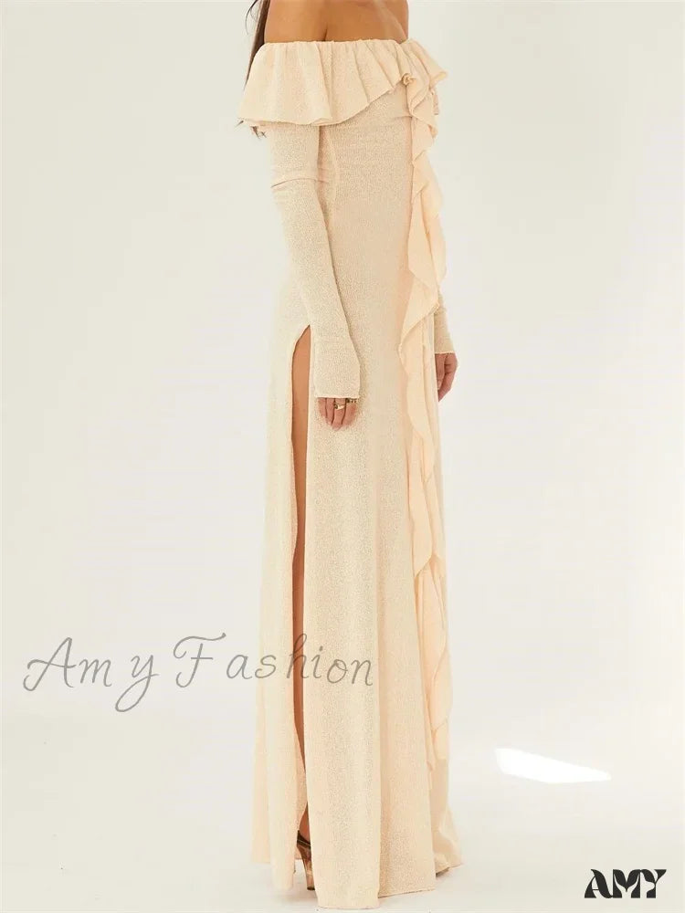 Amy Fashion - Elegant Women Knitted Evening Solid Sleeve Slash Neck Off Shoulder Ruffles Party