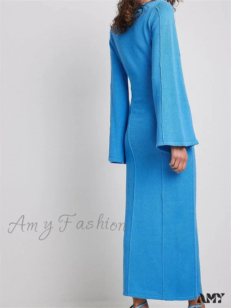 Amy Fashion - Elegant Women Knitted Patchwork Vintage Flare Sleeve Round Neck Slim Fit Solid Party