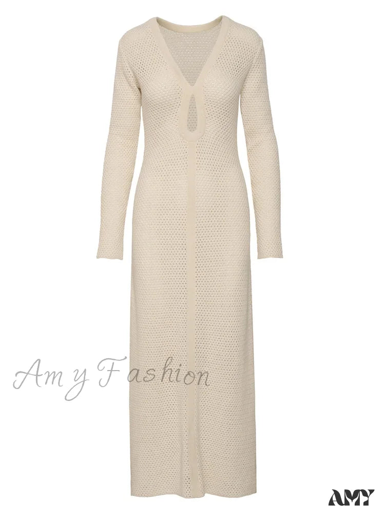 Amy Fashion - Elegant Women Knitted Sleeve Deep V Neck Front Hollow Out Solid Color Slim Beach