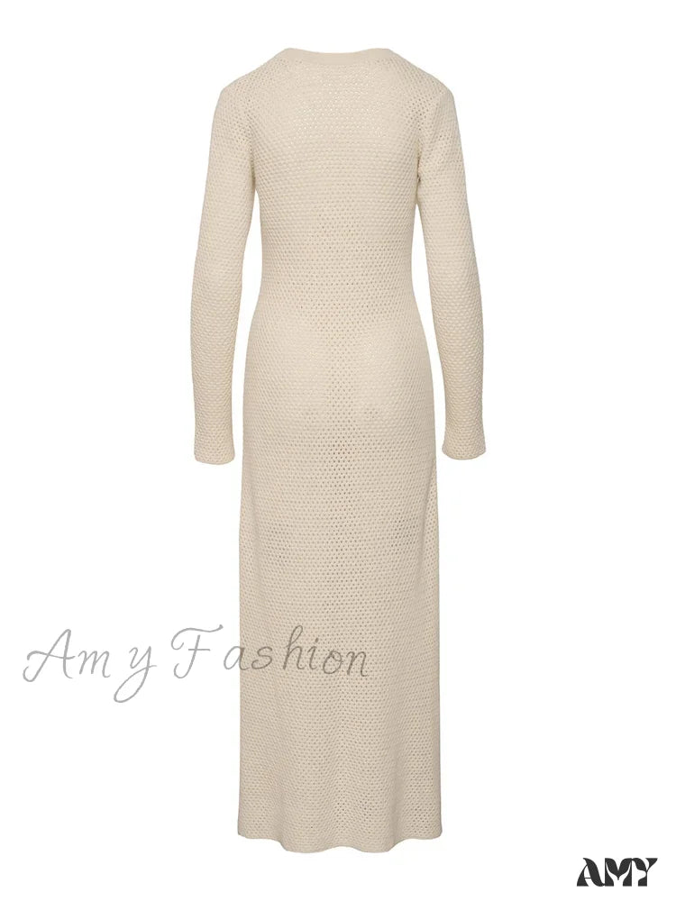 Amy Fashion - Elegant Women Knitted Sleeve Deep V Neck Front Hollow Out Solid Color Slim Beach